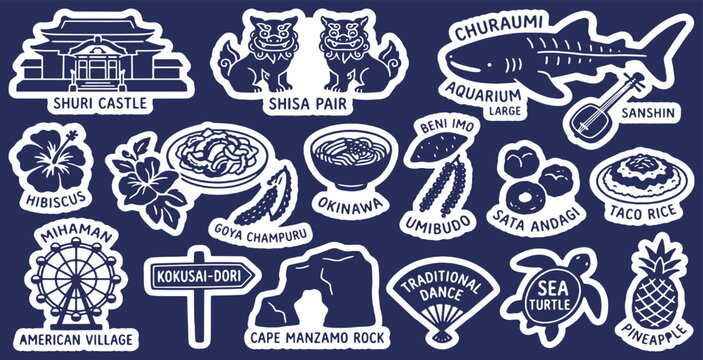 Okinawa Travel Icons and Symbols Collection: A Visual Guide to Japanese Island Culture and Landmarks.