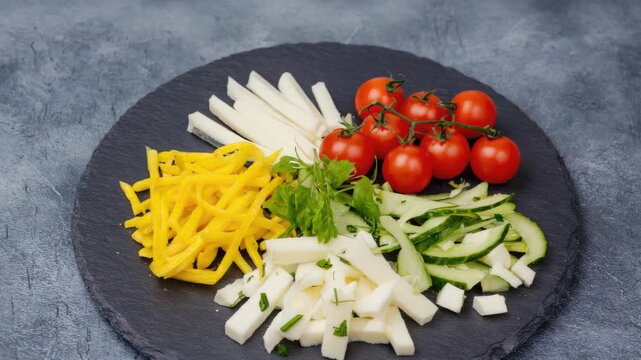 A vibrant and appetizing cheese and vegetable platter with a variety of colors and textures.