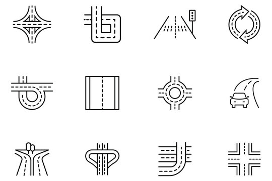 Set of road and highway icons. curved and straight street elements collection. Containing route, direction, street sign and more. Route navigation path vector icons. Vector illustration.