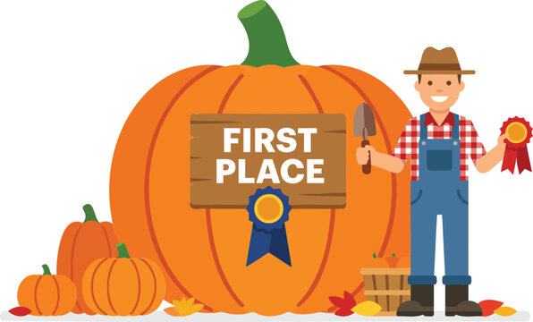 A happy farmer standing next to a giant pumpkin with a first place ribbon and a garden trowel, celebrating a successful harvest at a county fair competition