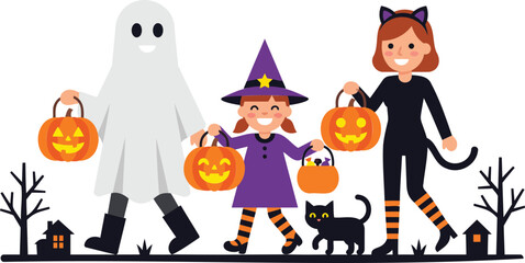 Fototapeta premium Three children in halloween costumes including a ghost, a witch, and a black cat, carrying jackolantern candy buckets while trickortreating in a festive holiday scene