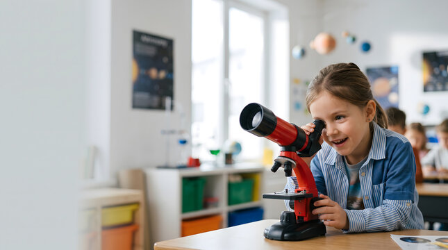 Young Girl Using Red Microscope in Science Class