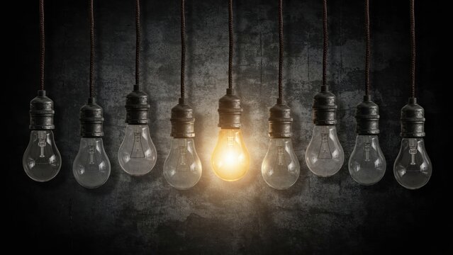 A single glowing light bulb stands out among unlit ones against a dark textured wall. This represents creativity, innovative ideas, and unique business leadership.