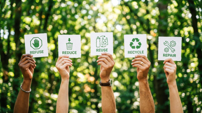 Paper Cut Hands Holding 5R Sustainability Signs