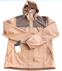 New Tan and Brown Hooded Outdoor Jacket with Clothing Tag © YouraPechkin