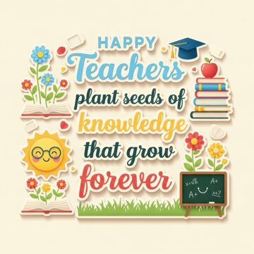 Happy Teachers Day greeting with flowers and books