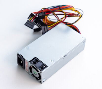 ATX power supply unit with various colorful cables and connectors