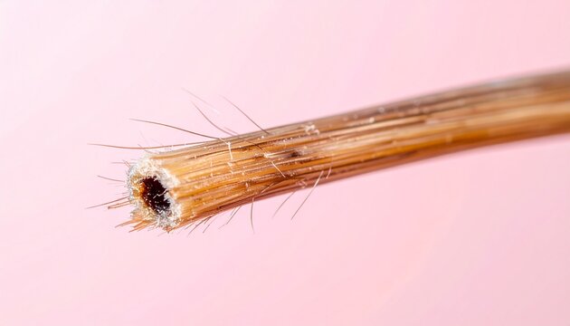 A close-up macro shot of a single, light brown hair strand with split ends against a soft pink background
