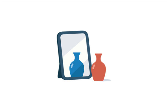 Red vase reflecting as a blue vase in the mirror. Conceptual vector illustration for self reflection, identity, and transformation.