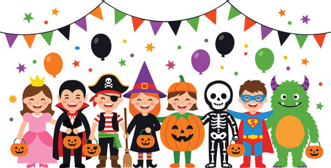 Fototapeta premium Group of cute diverse children in colorful halloween costumes standing together holding trick or treat buckets with festive decorations and balloons