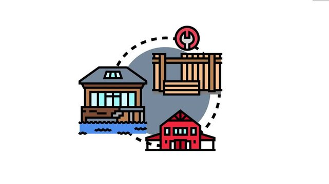 Cabin exterior remodel and repair concept, depicting various house structures undergoing renovation and maintenance with a wrench tool indication