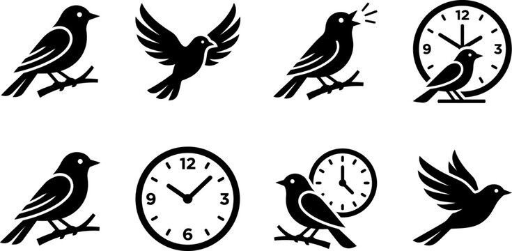 Black bird vector icon collection featuring various poses including flying sitting singing and integrated clocks for modern graphic design projects