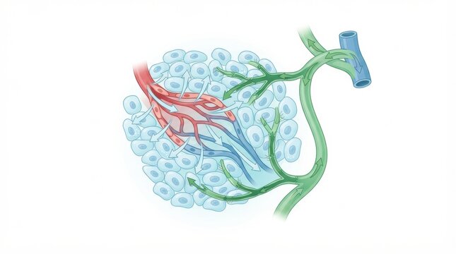 This graphic presents the lymphatic system focusing on lymph nodes and vessels. It illustrates the flow of interstitial fluid and immune activity.