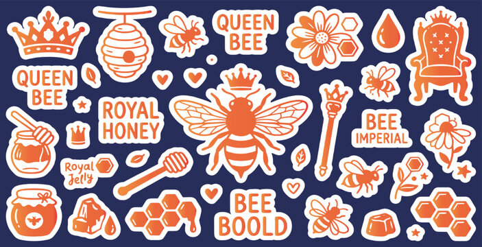 Collection of bee-themed stickers with royal and honey elements, including a queen bee, crowns, beehives, and honeycombs.