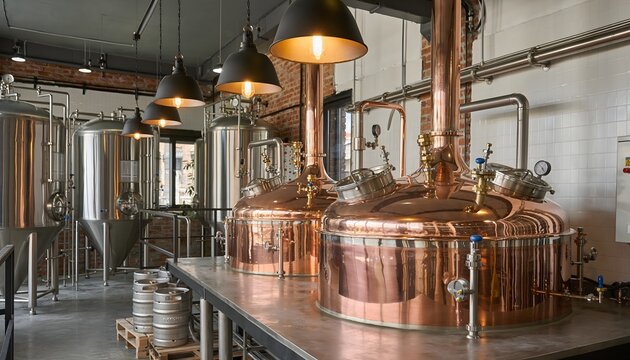 modern microbrewery featuring large polished copper brewing kettles lit by warm ambient lighting