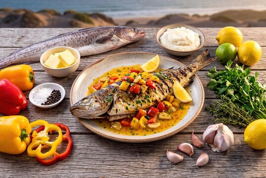 Namibian Grilled Kingklip Fish Served with Garlic and Bell Pepper Butter Sauce and Fresh Ingredients