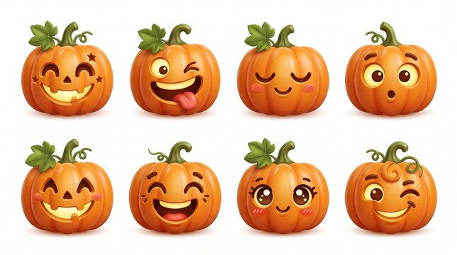 Cute Halloween pumpkin faces, emoji cartoon character set, kawaii jack o lantern expressions, isolated