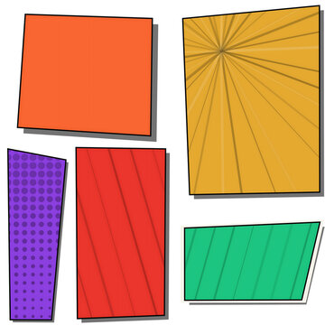 A vibrant and colorful abstract comic panel arrangement featuring geometric shapes and bold color blocking techniques