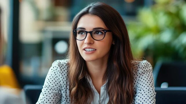 A young professional female with glasses and a smile, sitting at a desk.