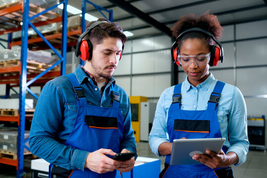 Medium shot of Caucasian man and African American woman warehouse workers checking smartphone and tablet during inventory workflow. Ideal for logistics, safety training, supply chain marketing
