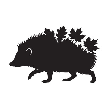 Cute hedgehog silhouette carrying autumn leaves isolated design vector illustration