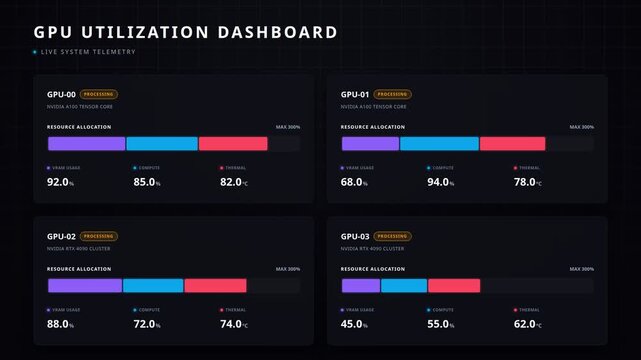 Digital gpu utilization dashboard with real-time system telemetry resource allocation metrics, for advanced artificial intelligence computing, server performance monitoring, data analytics