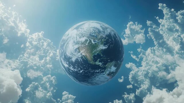 An artistic view of Earth with clouds in the foreground.