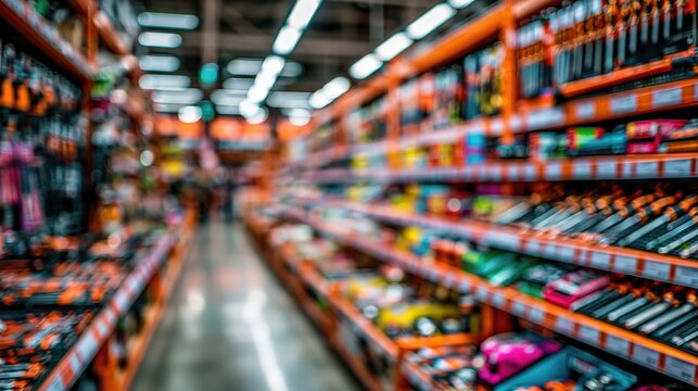 Blurry interior of a hardware store with tool display shelves