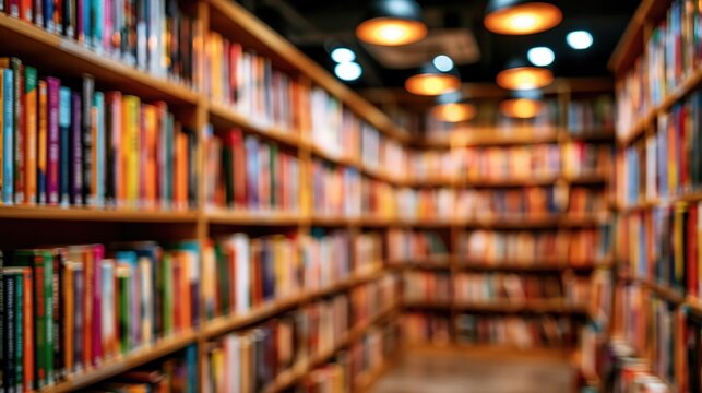 Blurry library shelving with extensive colorful book collection