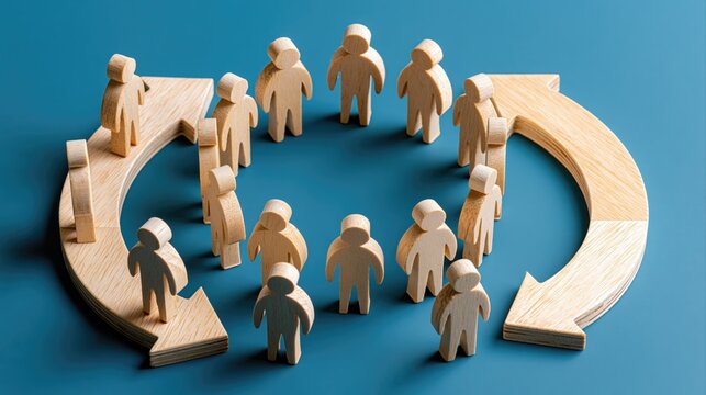 Continuous performance feedback concept with wooden figurines in a circular arrangement