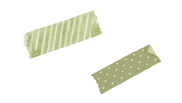  Olive green patterned washi tape strips isolated on transparent background, decorative adhesive tape for scrapbooking and gift design