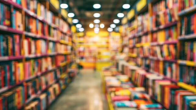 Defocused bookstore interior with tall shelves of colorful books