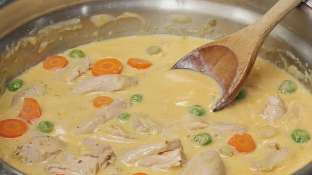 Wooden spoon stirs creamy chicken soup with carrots and peas. Foods simmer gently in metal cooking pan. Orange slices and green peas float in thick sauce