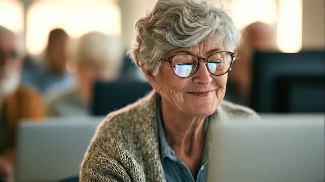 A group of elderly individuals focused on computer training, learning valuable digital skills while using laptops and desktop computers, close-up view of senior students actively working with technolo
