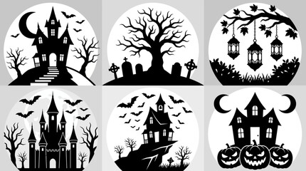 Fototapeta premium Halloween Silhouette Icons Set - Haunted Houses, Cemeteries, and Jack-o'-Lanterns