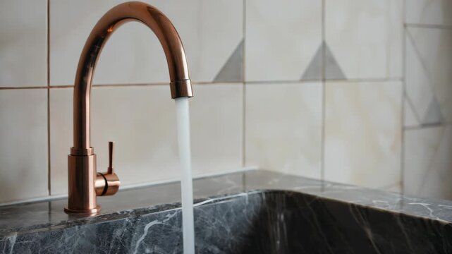 Stylish sink with a copper-tone faucet, set against a textured wall.