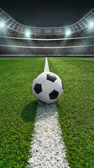 Naklejka premium Soccer ball on the green field in soccer stadium. Ready for game in the midfield. Vertical poster with copy space.