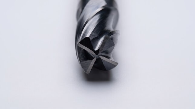 Macro shot of a carbide end mill cutter bit for industrial CNC metal milling machinery.