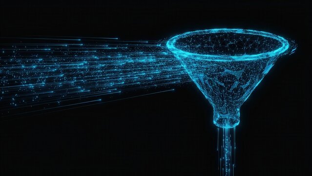 A digital funnel made of light particles processes data streams against a dark background. Symbolizes business lead generation and efficient digital data filtration.