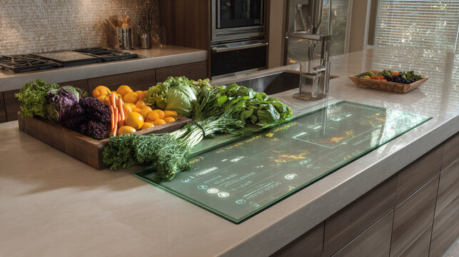 Fresh organic vegetables rest beside glowing holographic cooking interface on modern marble countertop inside luxury kitchen