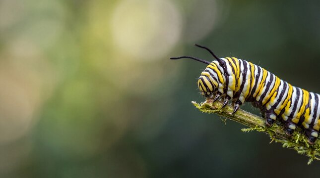 Monarch Butterfly Caterpillar Crawling on Branch in Nature