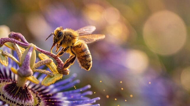 Honeybee Pollinating Passion Flower in Golden Sunlight