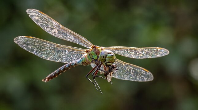 Dragonfly in Mid Air Flight Eating Captured Insect Prey