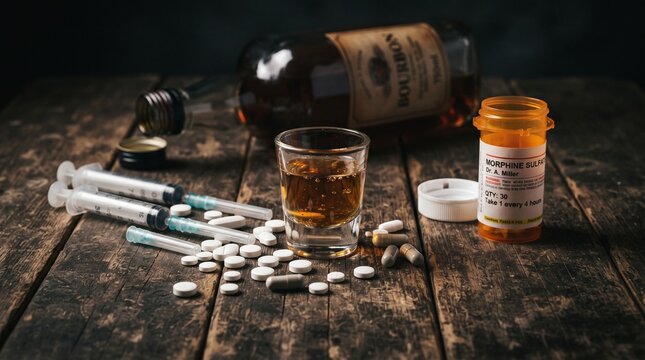 Alcohol bottle, shot glass, pills, syringes, and medication container on a rustic wooden table.