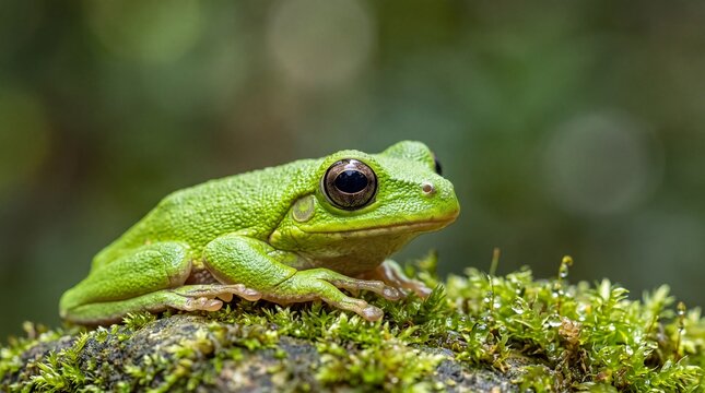Green Tree Frog Resting on Mossy Rock in Forest