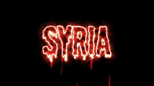 Syria, written in burning red text with falling blood drops against a pitch-black backdrop