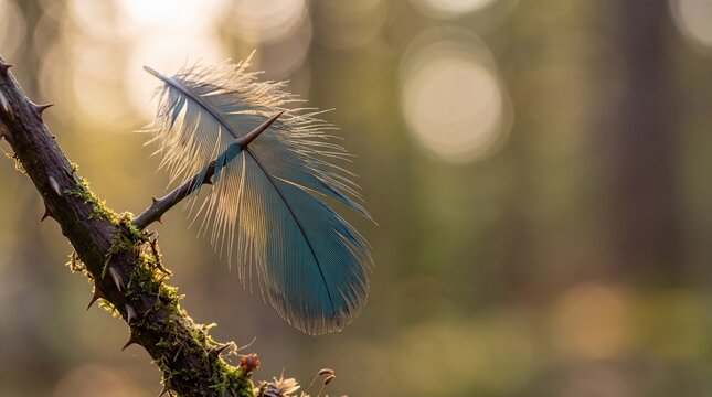 Delicate Patterned Feather Caught on Sharp Thorn Branch