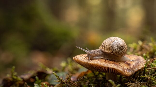 Snail Crawling on Wild Mushroom in Forest