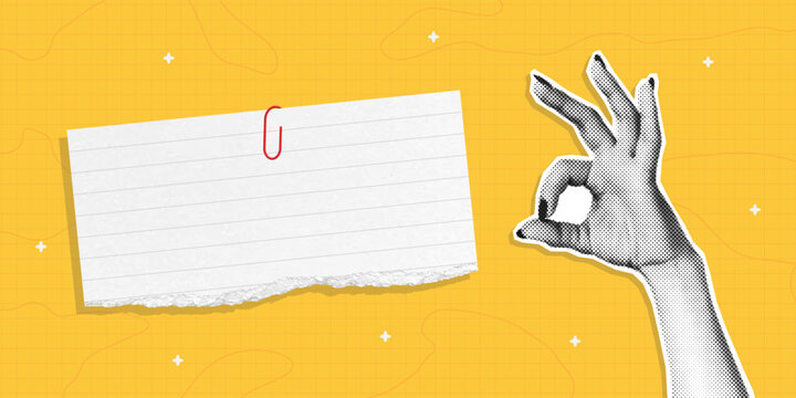 Collage halftone hand showing Okay gesture with torn textured notebook paper piece. Empty lined paper for text and halftone hand with Ok sign. Trendy collage banner design. Vector.