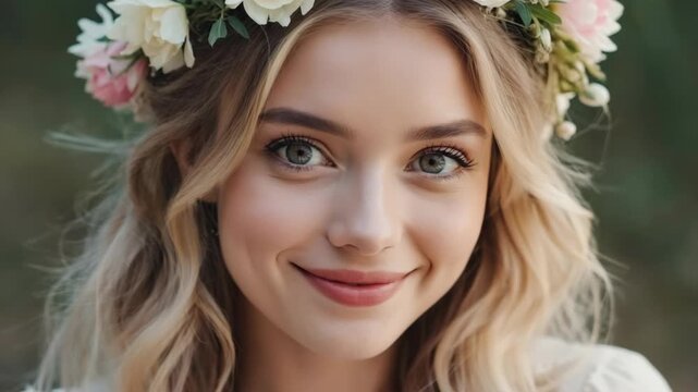 Young woman smiles gently, adorned with a floral crown. Soft curls frame her face, complementing the gentle expression. Pastel flowers bloom around her head, adding a natural touch